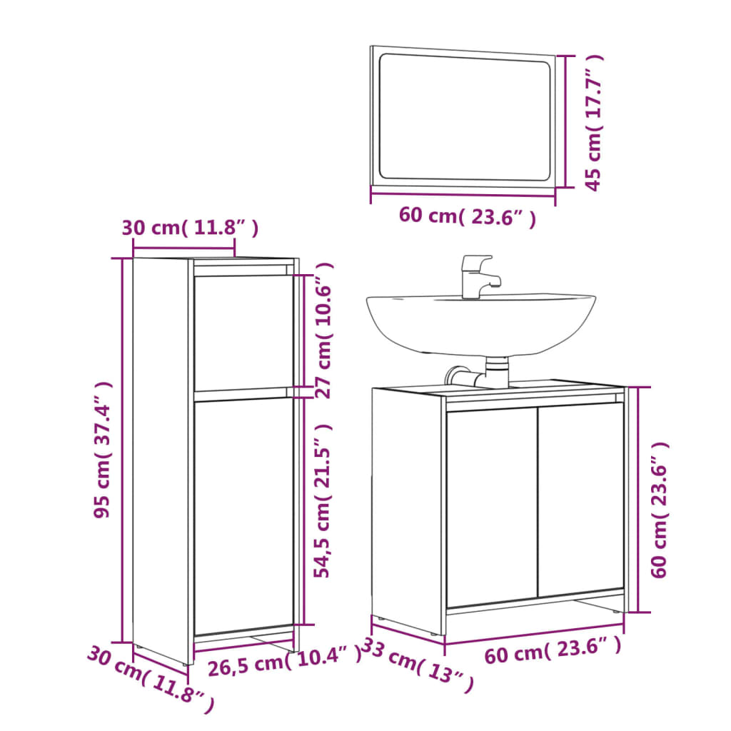 3 Piece Bathroom Furniture Set Grey Sonoma Engineered Wood