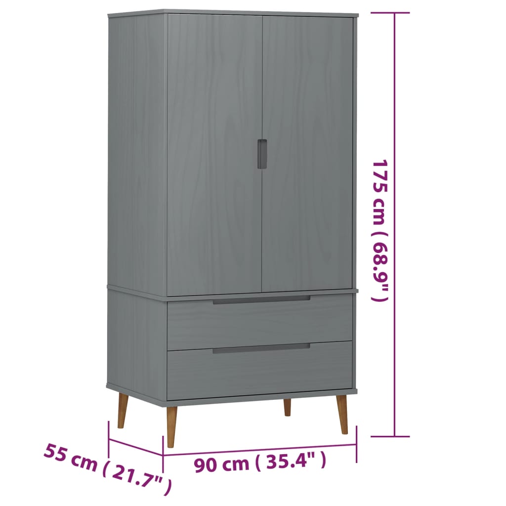 Wardrobe MOLDE Grey 90x55x175 cm Solid Wood Pine