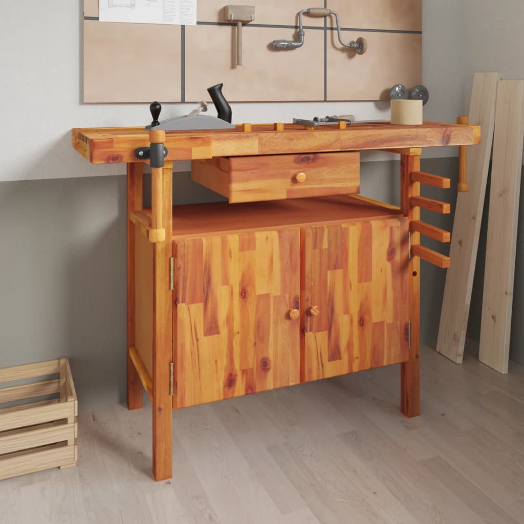 Workbench with Drawer and Vices 48.8x20.5x32.7" Solid Wood Acacia