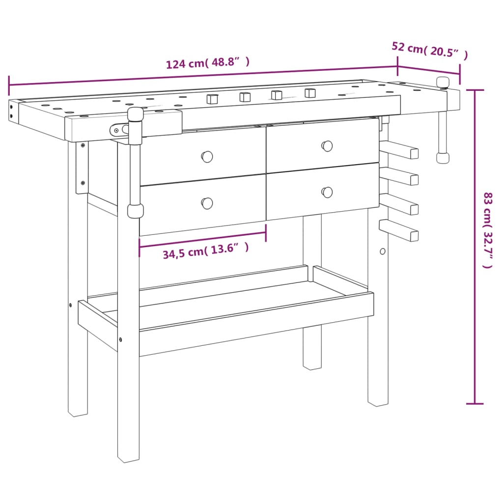 Workbench with Drawers and Vices 48.8"x20.5"x32.7" Solid Wood Acacia