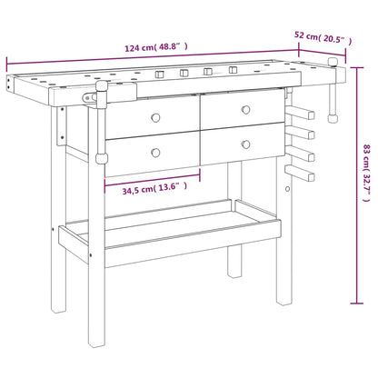 Workbench with Drawers and Vices 48.8"x20.5"x32.7" Solid Wood Acacia