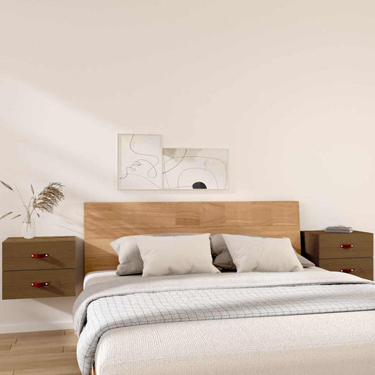 Wall-mounted Bedside Cabinet |  Set of 2 | Honey Brown | Solid pine wood