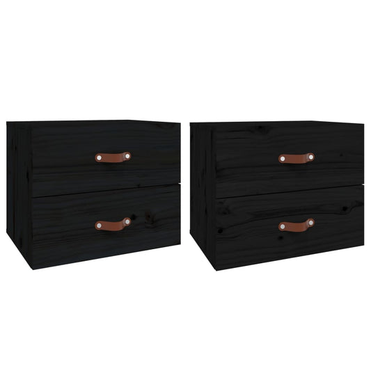 Wall-mounted Bedside Cabinet | Set of 2 | Black | Solid pine wood