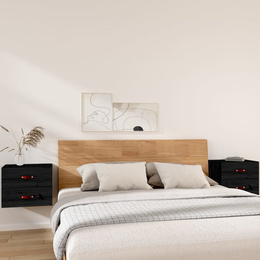 Wall-mounted Bedside Cabinet | Set of 2 | Black | Solid pine wood