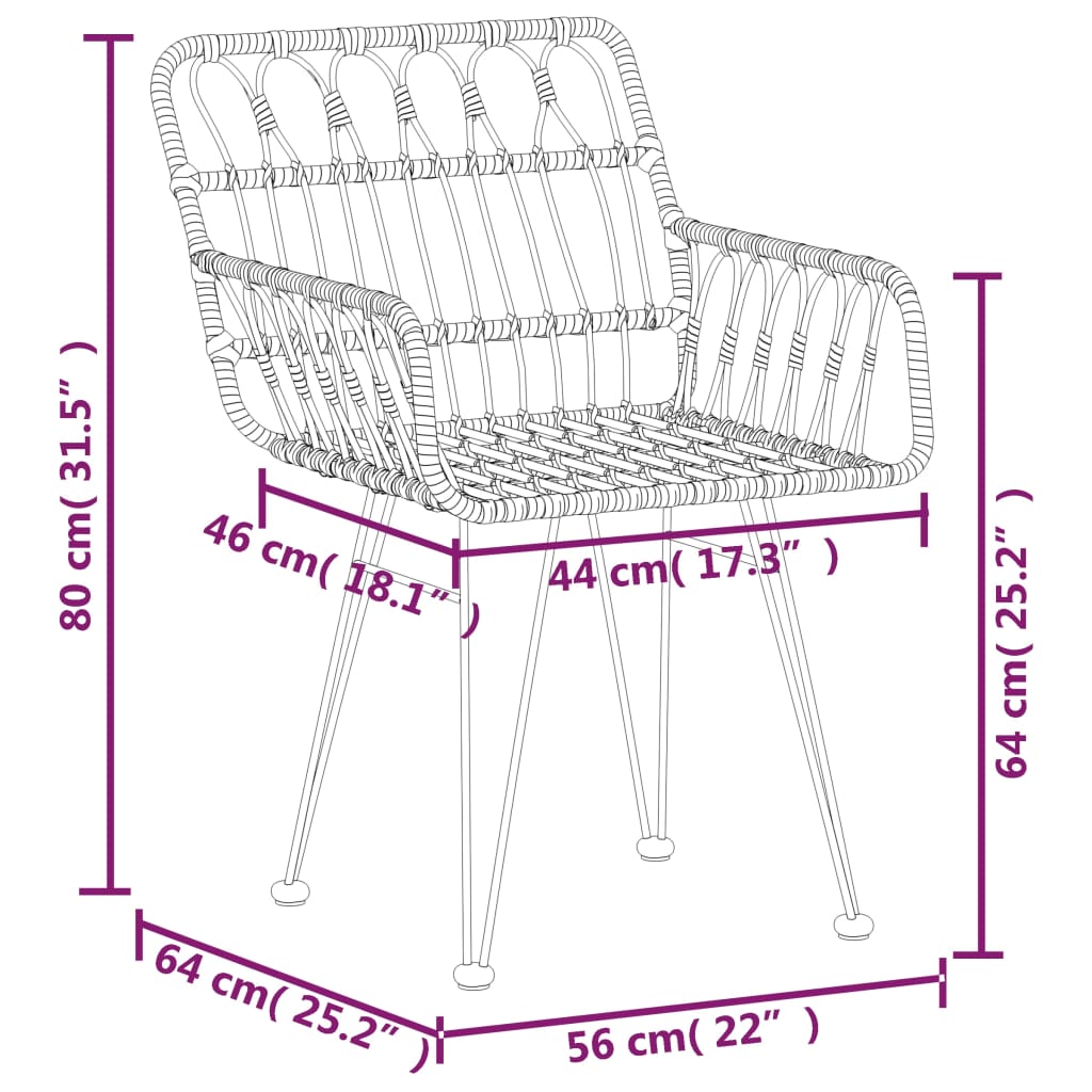 Garden Chair | Set of 2 | Black | Steel, Polyethylene | 56x64x80 cm