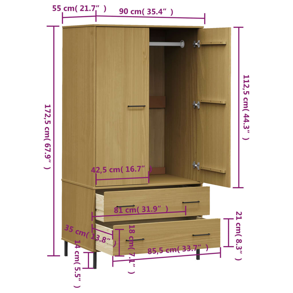 Wardrobe with Metal Legs Brown 90x55x172.5 cm Solid Wood OSLO