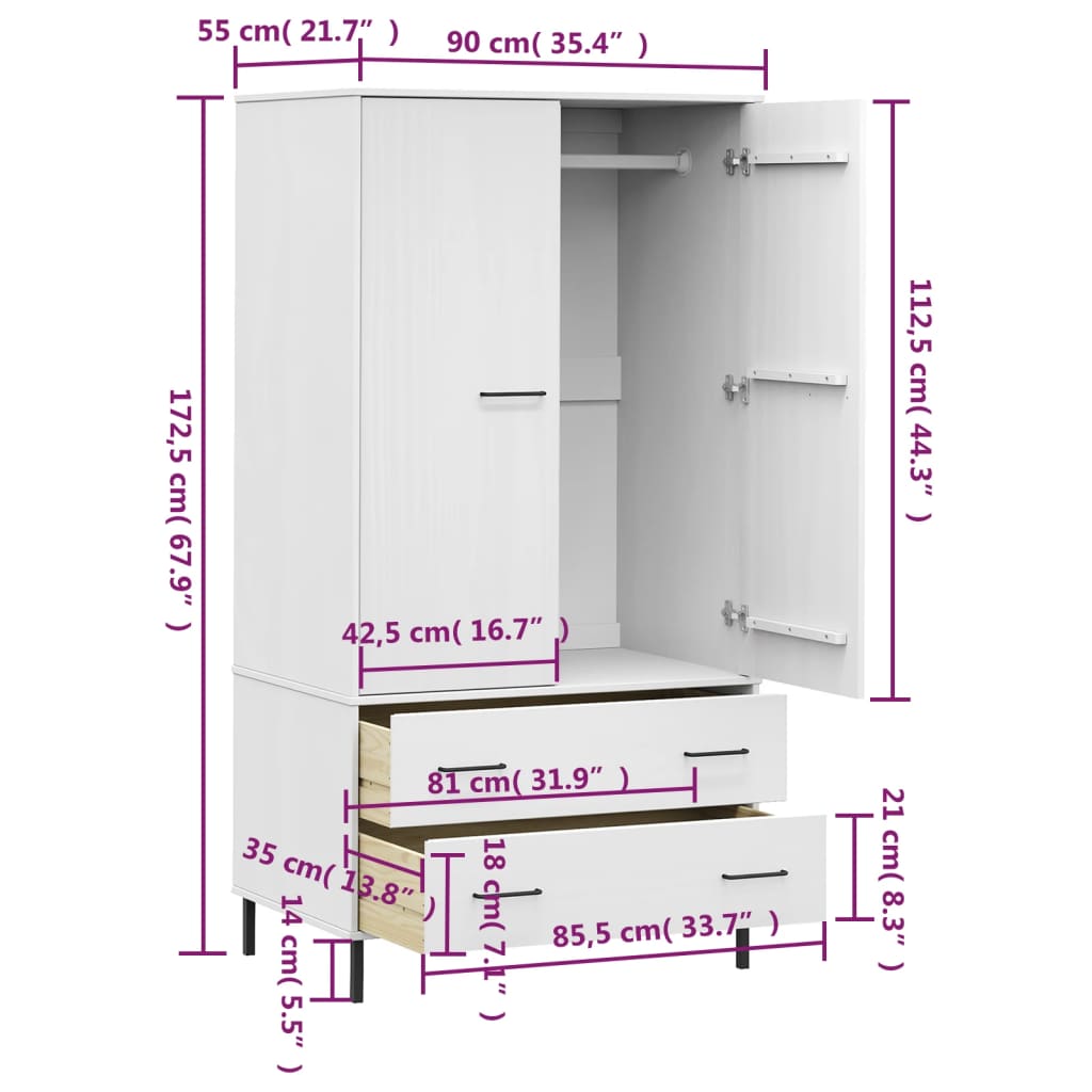 Wardrobe with Metal Legs White 90x55x172.5 cm Solid Wood OSLO