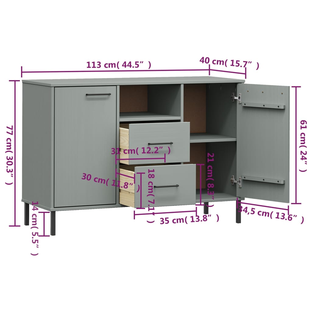 Sideboard with Metal Legs Grey 113x40x77 cm Solid Wood OSLO