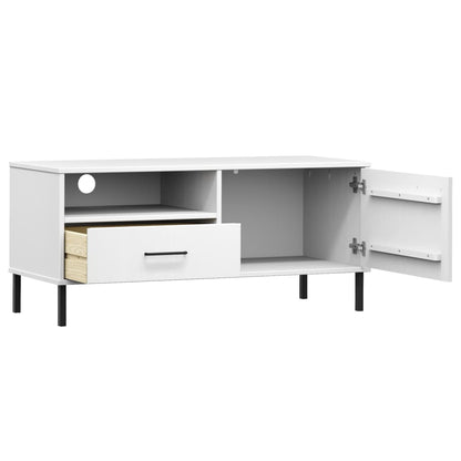 TV Cabinet with Metal Legs White Solid Wood Pine OSLO