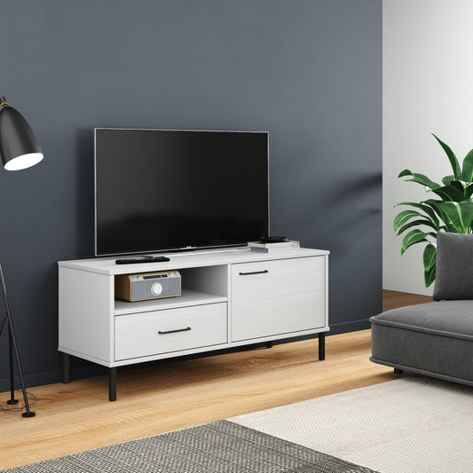 TV Cabinet with Metal Legs White Solid Wood Pine OSLO