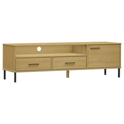 TV Cabinet with Metal Legs Brown Solid Wood Pine OSLO