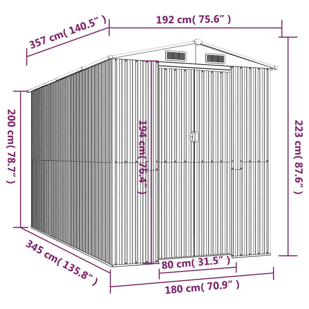 Garden Shed Light Grey 192x357x223 cm Galvanised Steel