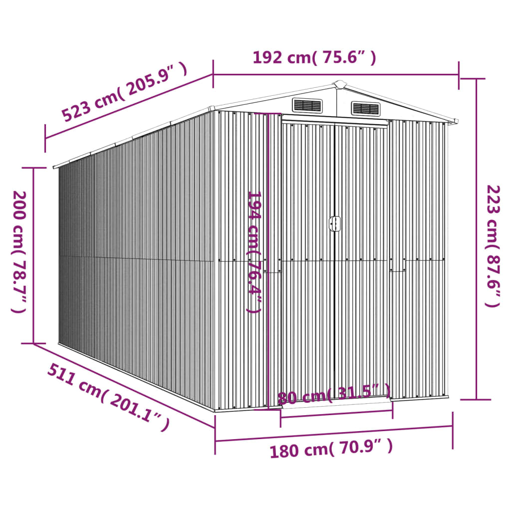 Garden Shed Light Grey 192x523x223 cm Galvanised Steel