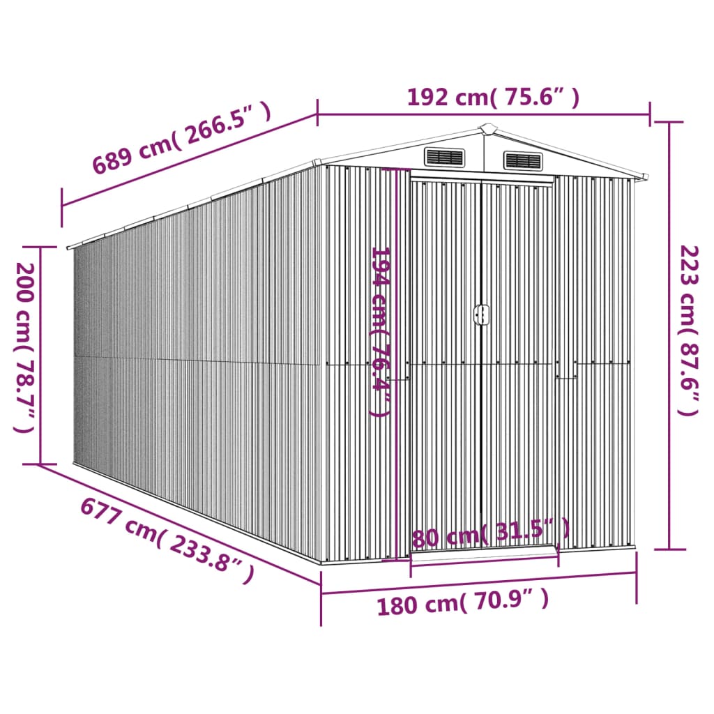 Garden Shed Light Grey 192x689x223 cm Galvanised Steel