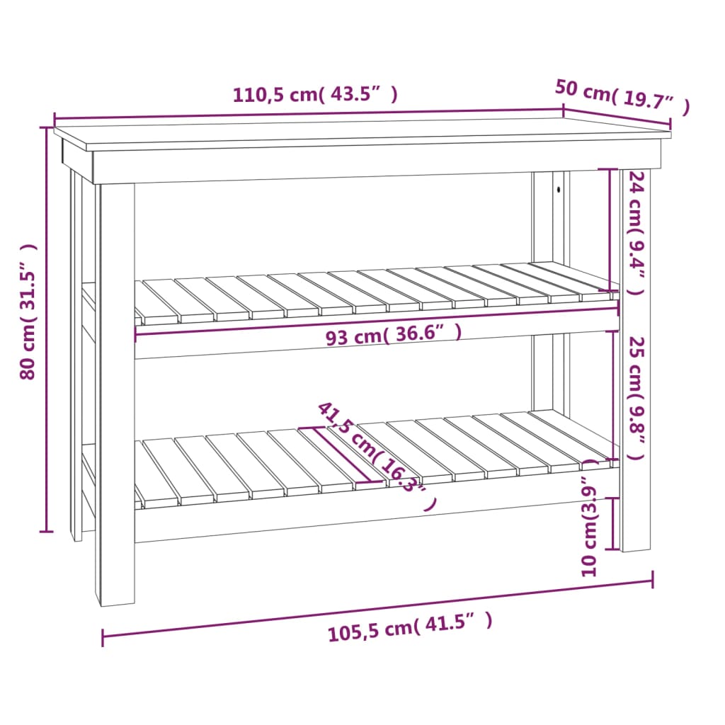 Work Bench White 110,5x50x80 cm Solid Wood Pine