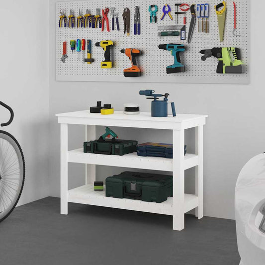 Work Bench with Shelf White 110.5 x 50 x 80 cm Solid Pine Wood
