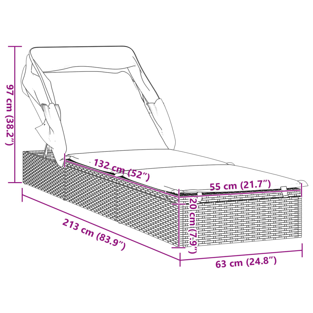 Sunbed with Foldable Roof Brown 83.9"x24.8"x38.2" Poly Rattan