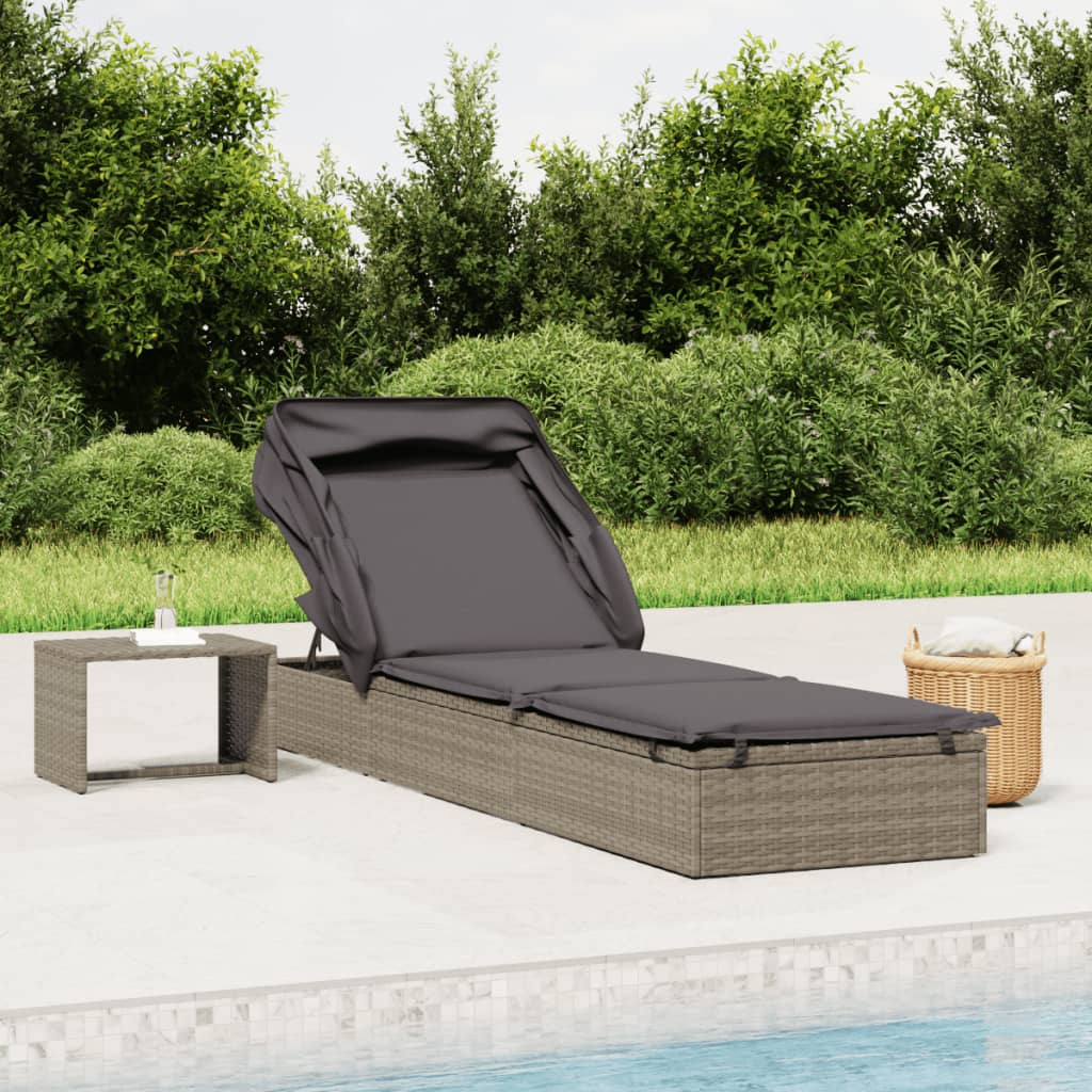 Sunbed with Foldable Roof Gray 83.9"x24.8"x38.2" Poly Rattan