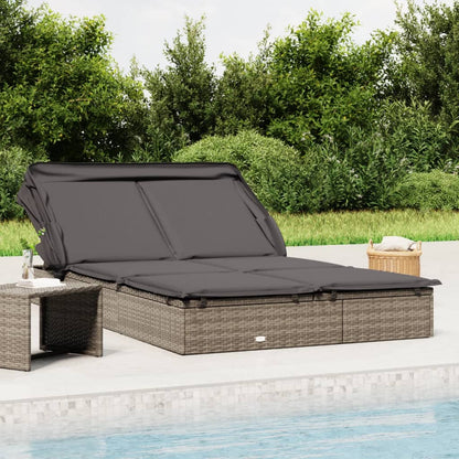 2-Person Sunbed with Foldable Roof Gray 83.9"x46.5"x38.2" Poly Rattan