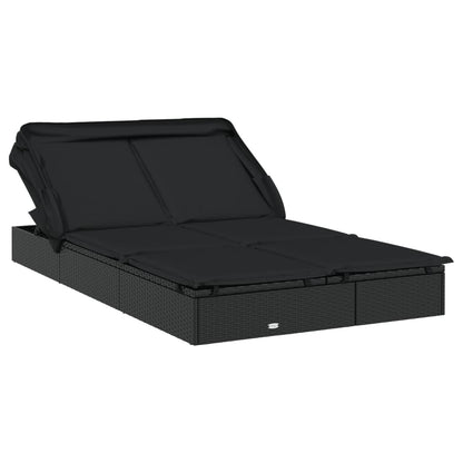 2-Person Sunbed with Foldable Roof Black 83.9"x46.5"x38.2" Poly Rattan