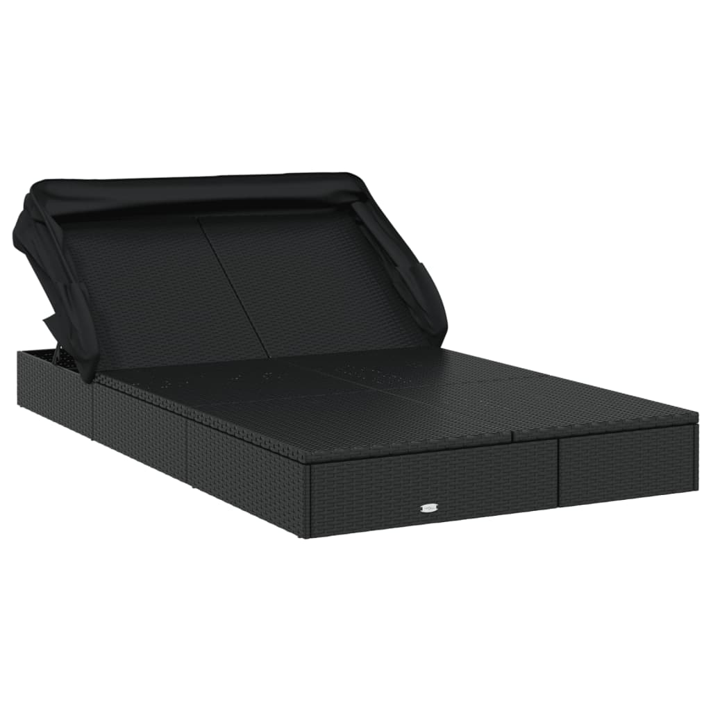 2-Person Sunbed with Foldable Roof Black 83.9"x46.5"x38.2" Poly Rattan