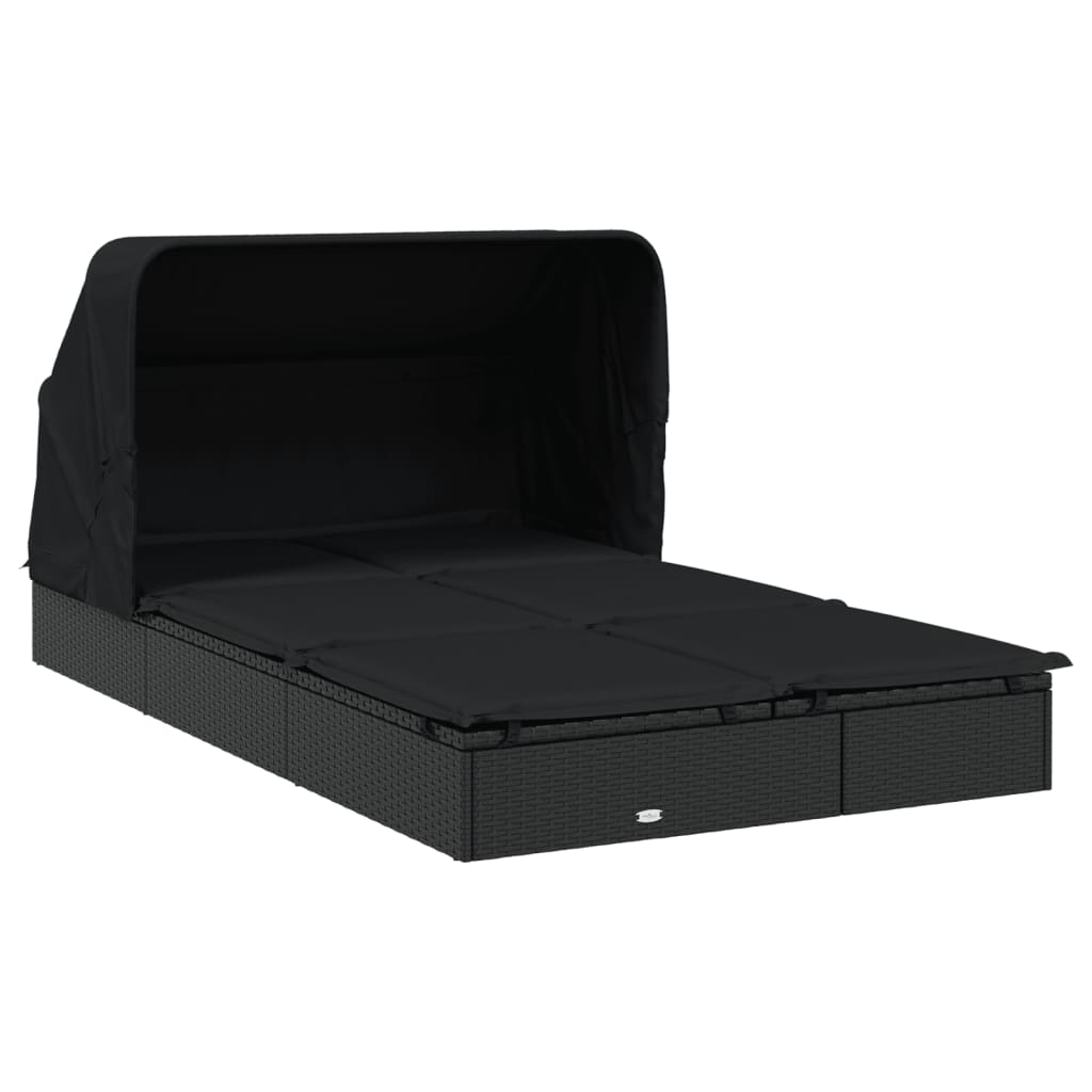 2-Person Sunbed with Foldable Roof Black 83.9"x46.5"x38.2" Poly Rattan
