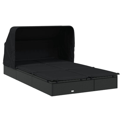 2-Person Sunbed with Foldable Roof Black 83.9"x46.5"x38.2" Poly Rattan