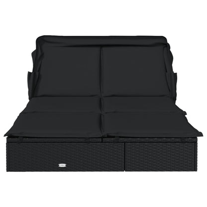 2-Person Sunbed with Foldable Roof Black 83.9"x46.5"x38.2" Poly Rattan