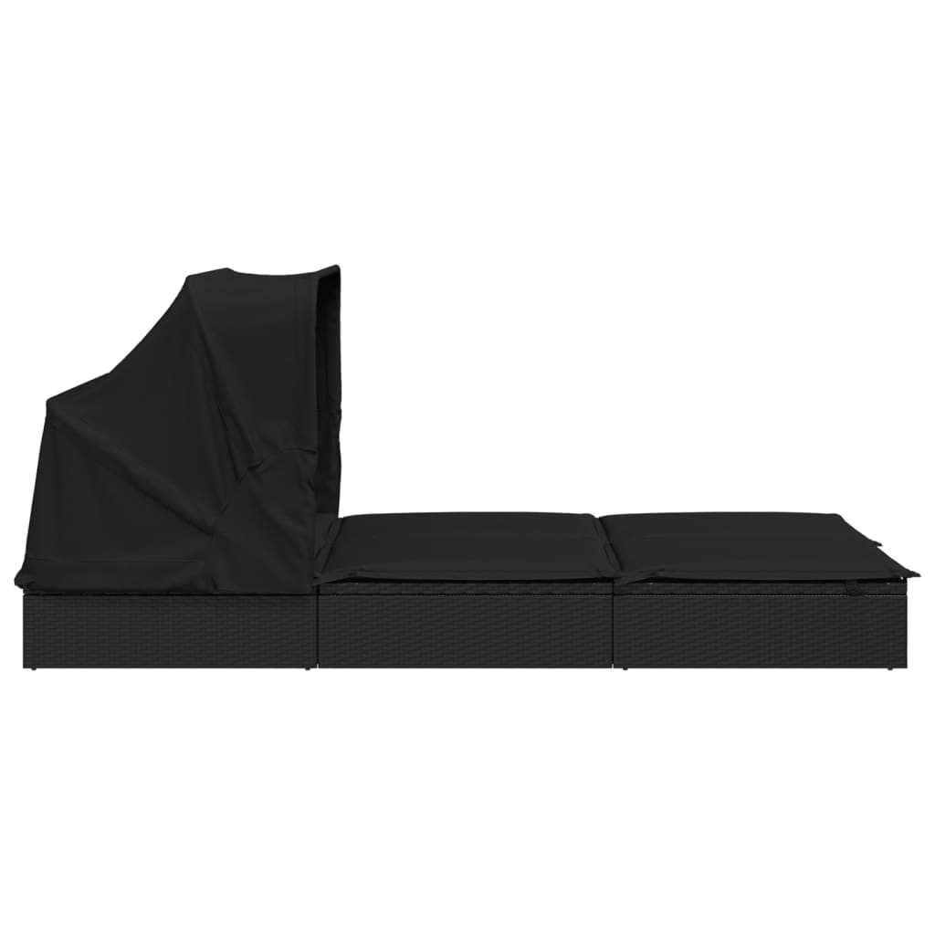 2-Person Sunbed with Foldable Roof Black 83.9"x46.5"x38.2" Poly Rattan