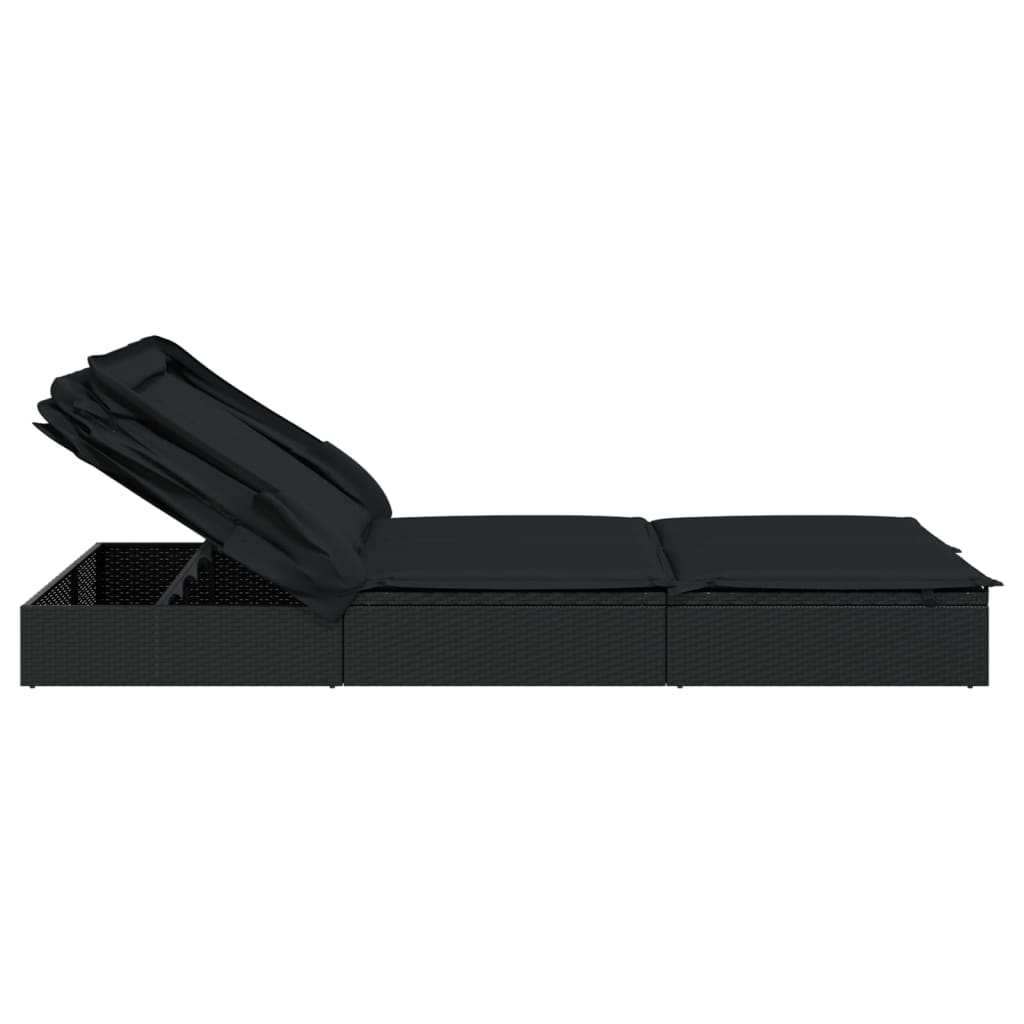 2-Person Sunbed with Foldable Roof Black 83.9"x46.5"x38.2" Poly Rattan