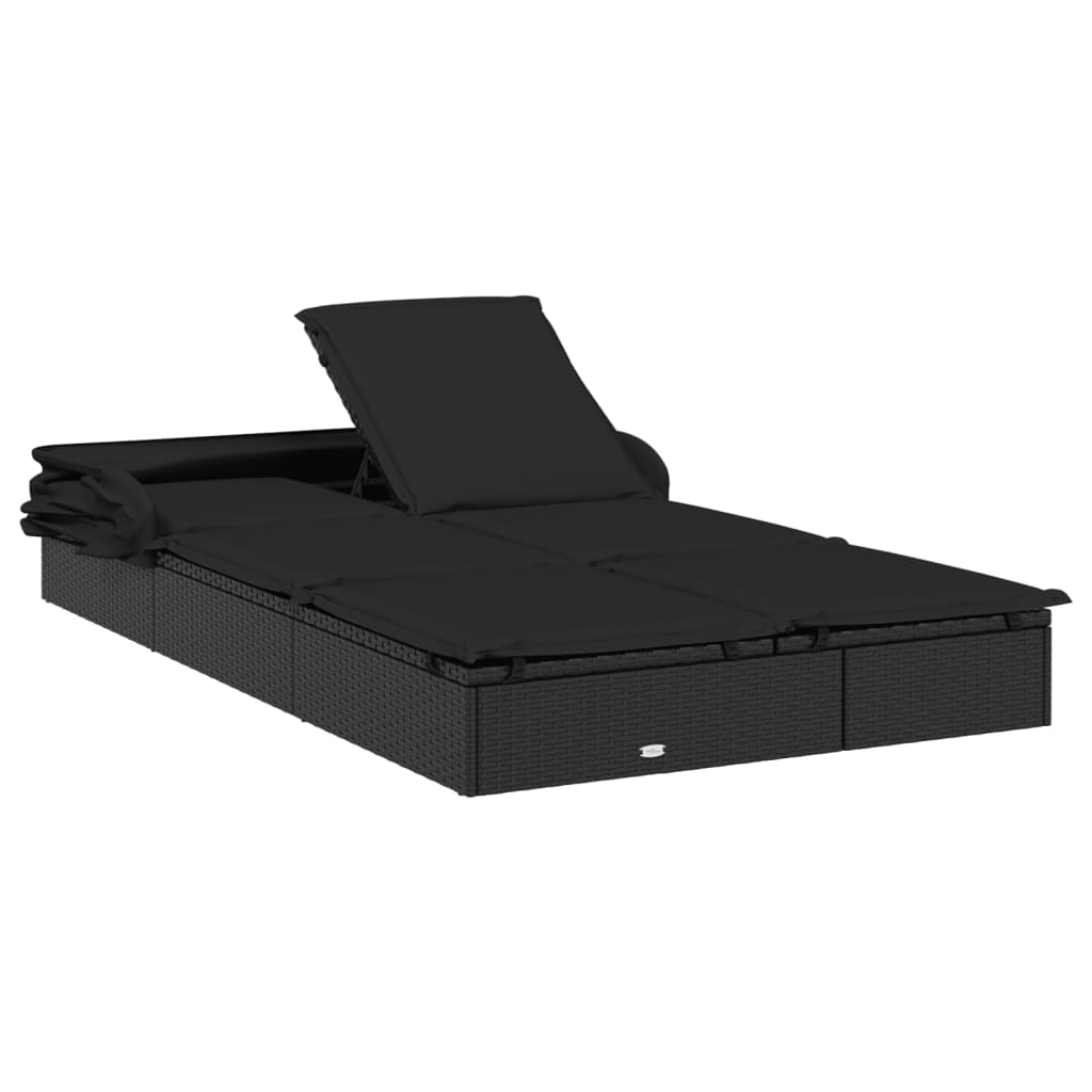 2-Person Sunbed with Foldable Roof Black 83.9"x46.5"x38.2" Poly Rattan