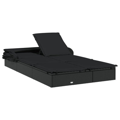 2-Person Sunbed with Foldable Roof Black 83.9"x46.5"x38.2" Poly Rattan