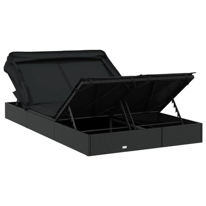 2-Person Sunbed with Foldable Roof Black 83.9"x46.5"x38.2" Poly Rattan