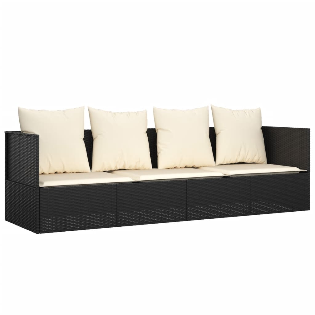 Patio Lounge Bed with Cushions Black Poly Rattan