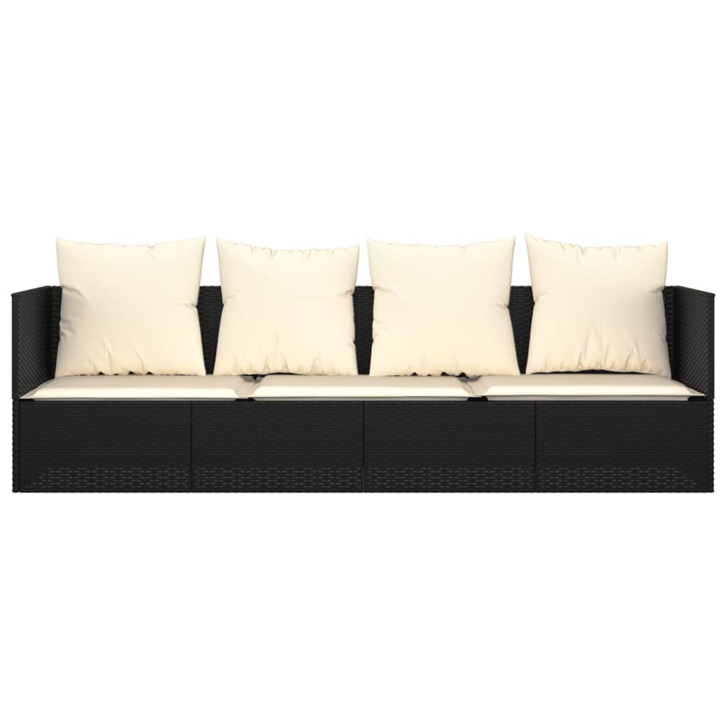 Patio Lounge Bed with Cushions Black Poly Rattan