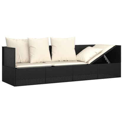 Patio Lounge Bed with Cushions Black Poly Rattan