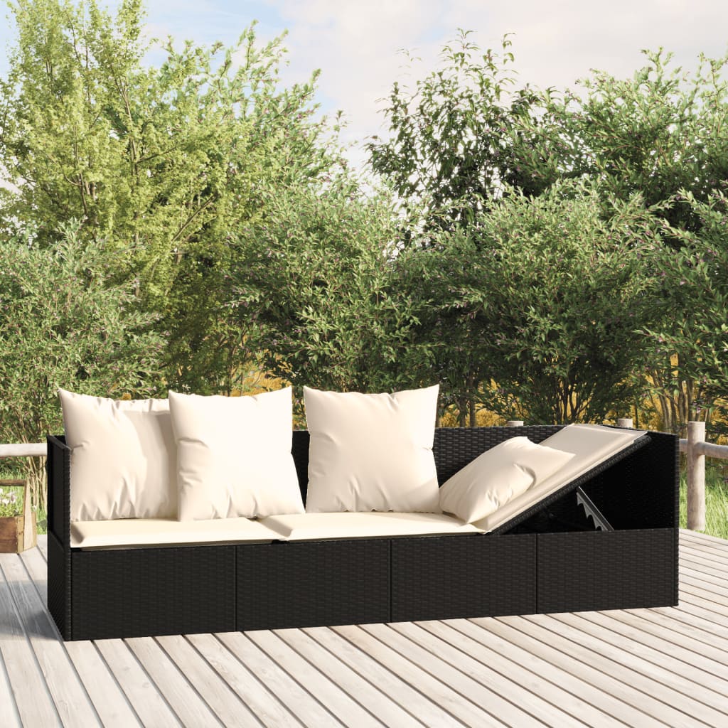 Patio Lounge Bed with Cushions Black Poly Rattan