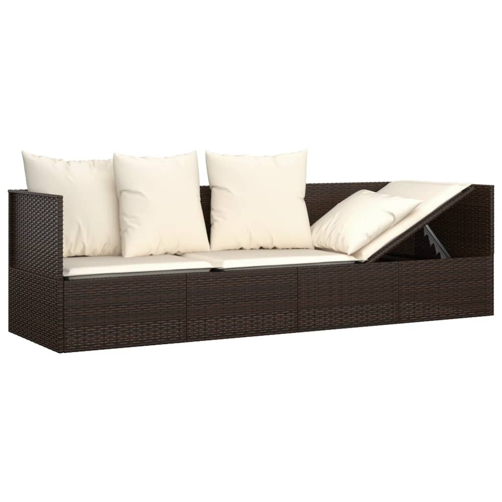 Patio Lounge Bed with Cushions Brown Poly Rattan