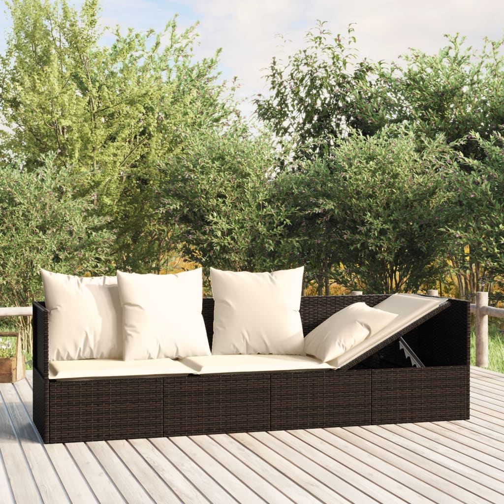 Patio Lounge Bed with Cushions Brown Poly Rattan