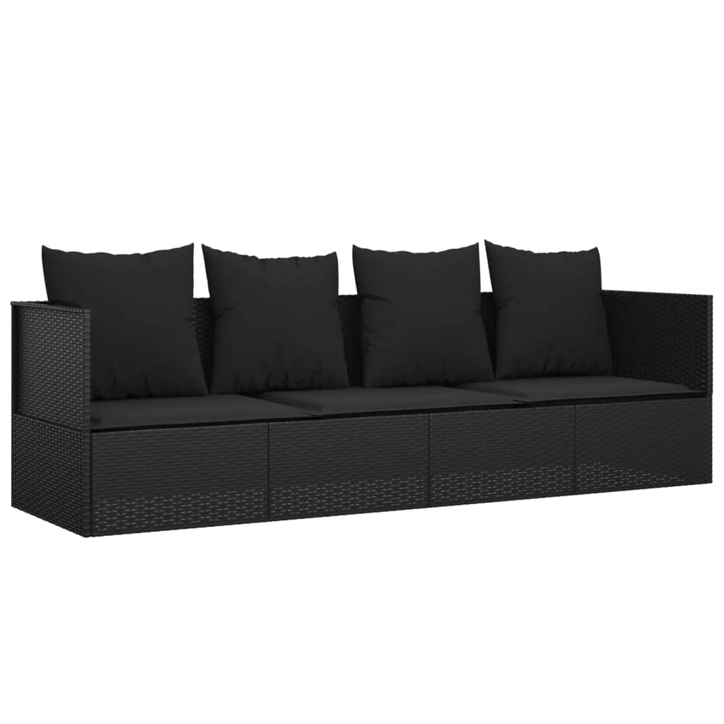 Patio Lounge Bed with Cushions Black Poly Rattan