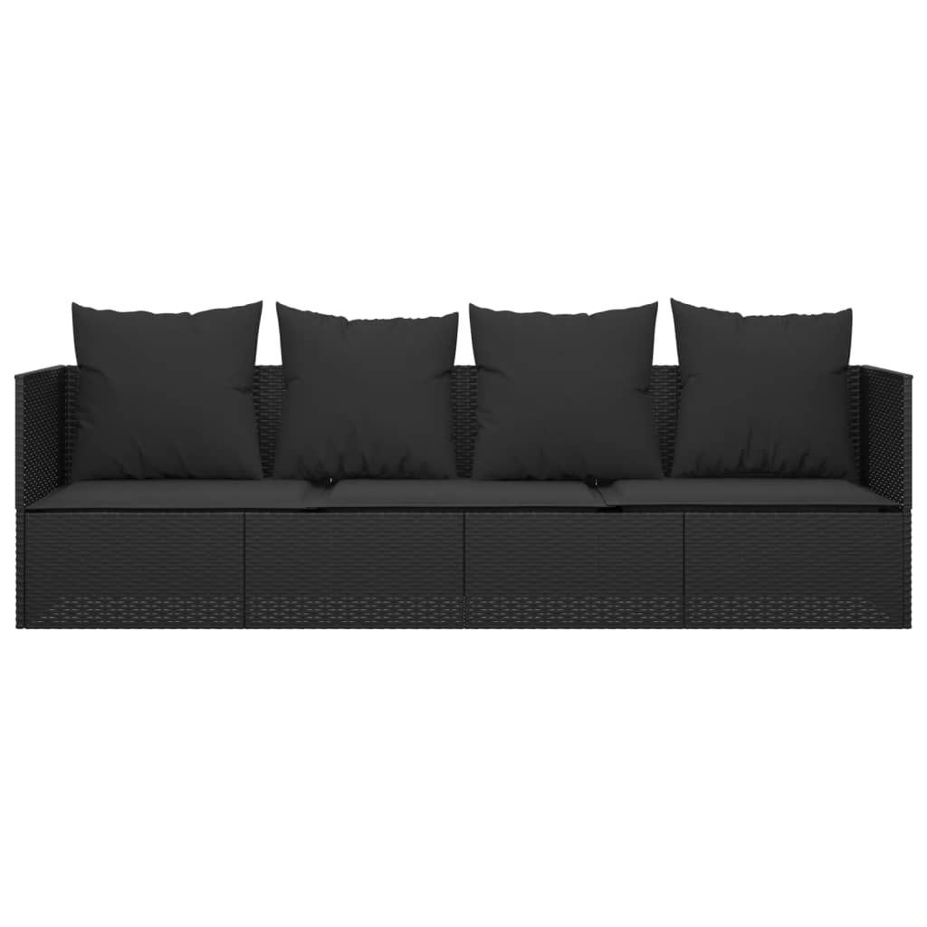 Patio Lounge Bed with Cushions Black Poly Rattan