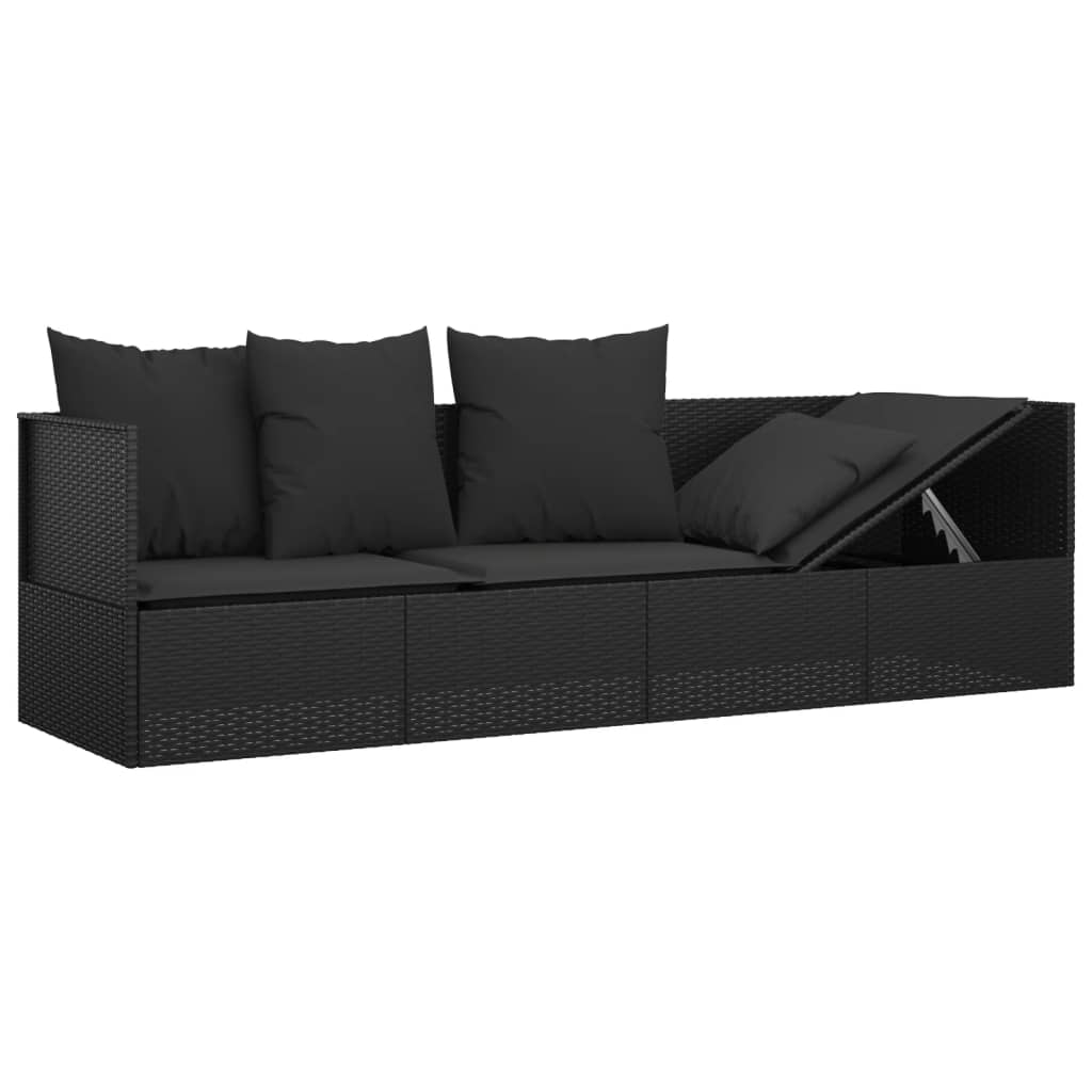 Patio Lounge Bed with Cushions Black Poly Rattan