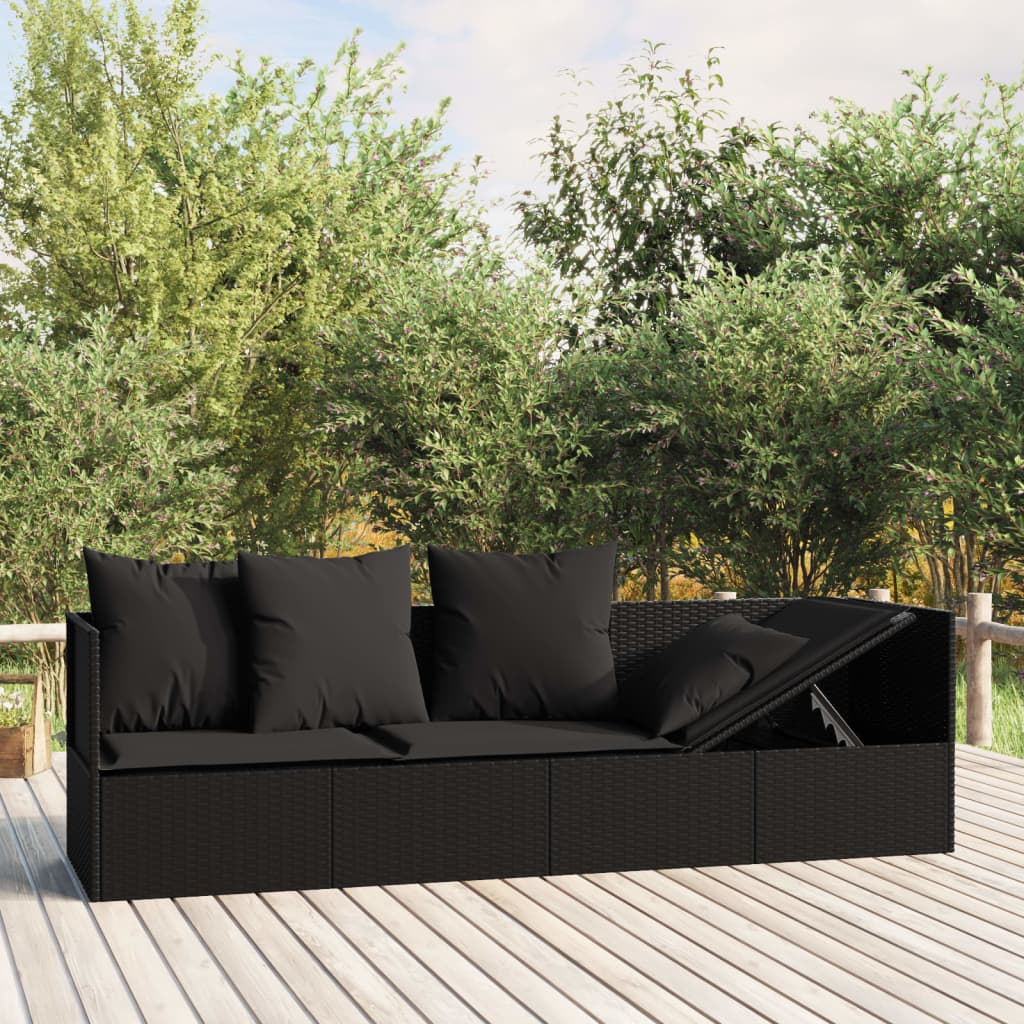 Patio Lounge Bed with Cushions Black Poly Rattan