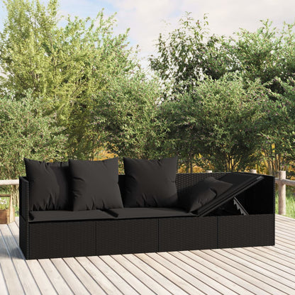 Patio Lounge Bed with Cushions Black Poly Rattan