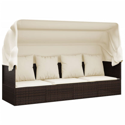 Patio Lounge Bed with Roof and Cushions Brown Poly Rattan
