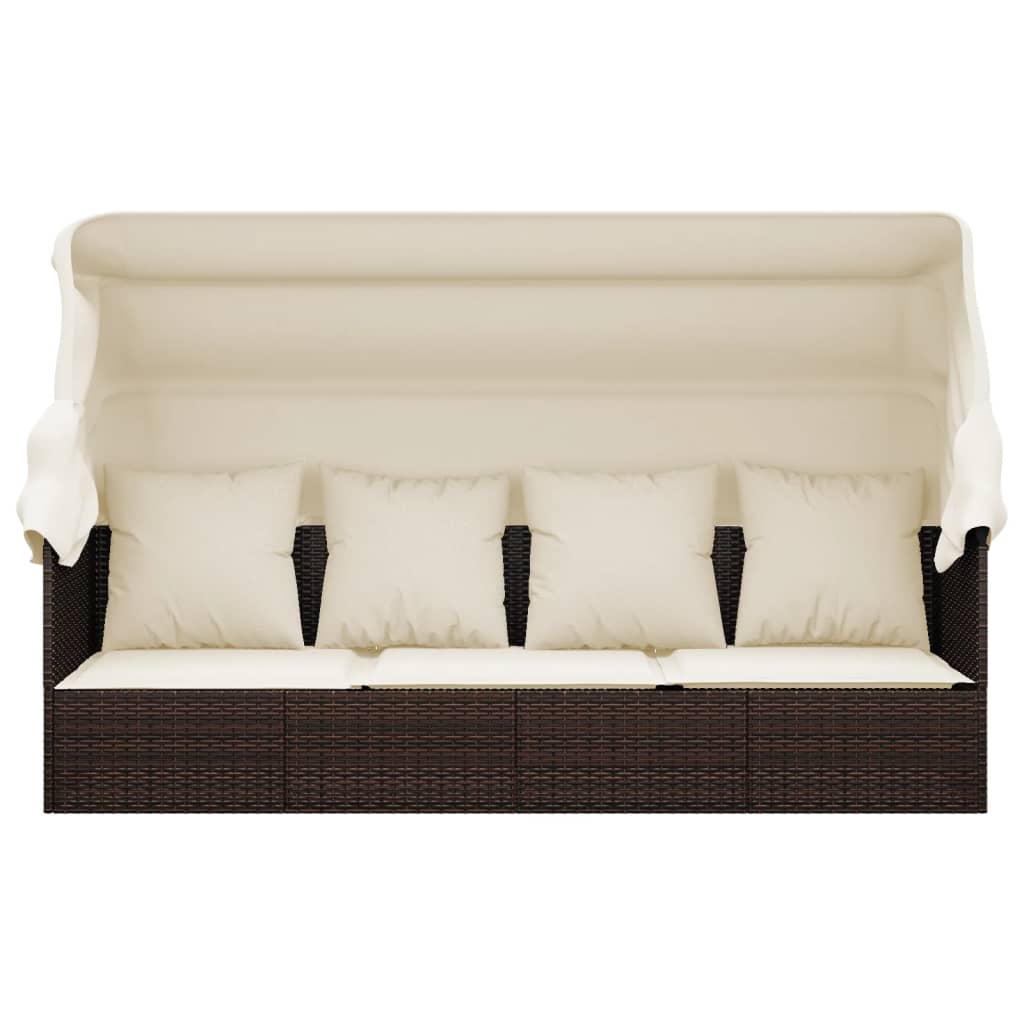 Patio Lounge Bed with Roof and Cushions Brown Poly Rattan