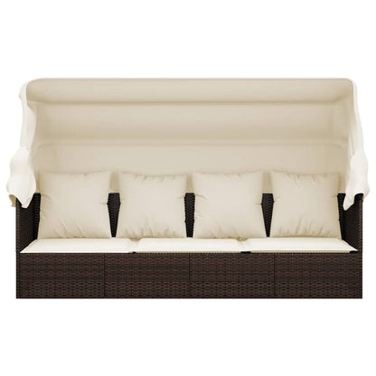 Patio Lounge Bed with Roof and Cushions Brown Poly Rattan