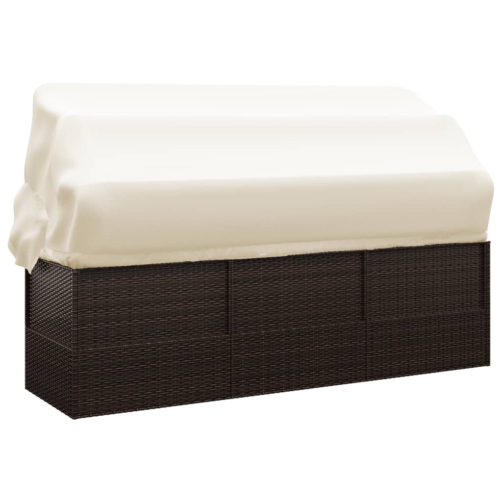 Patio Lounge Bed with Roof and Cushions Brown Poly Rattan