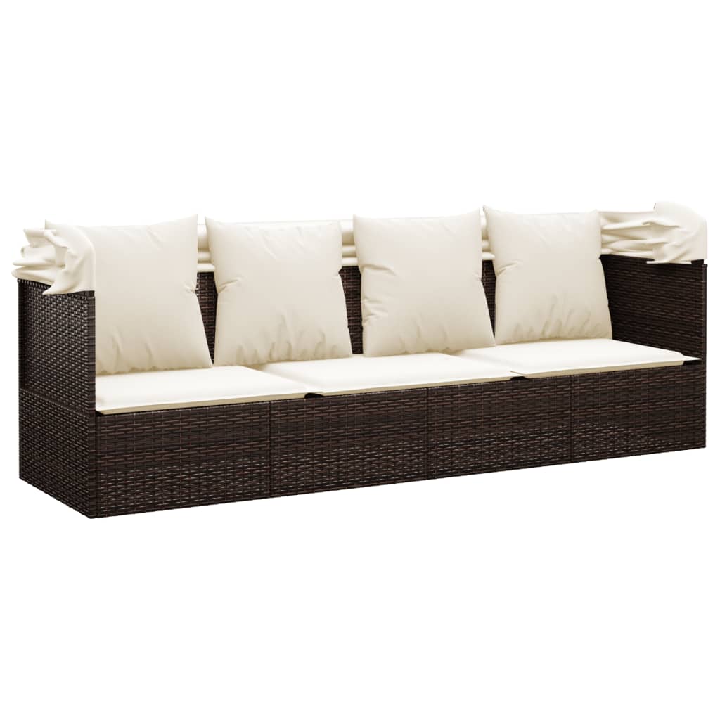 Patio Lounge Bed with Roof and Cushions Brown Poly Rattan