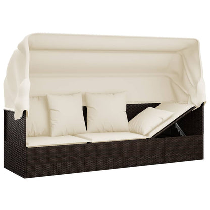 Patio Lounge Bed with Roof and Cushions Brown Poly Rattan